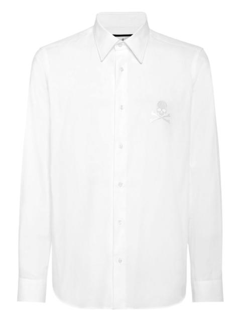 skull-embroidered button-up shirt