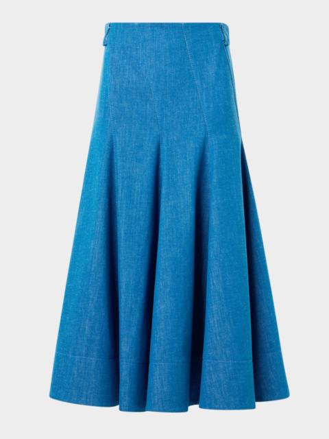 Pleated Stretch Denim Midi Skirt