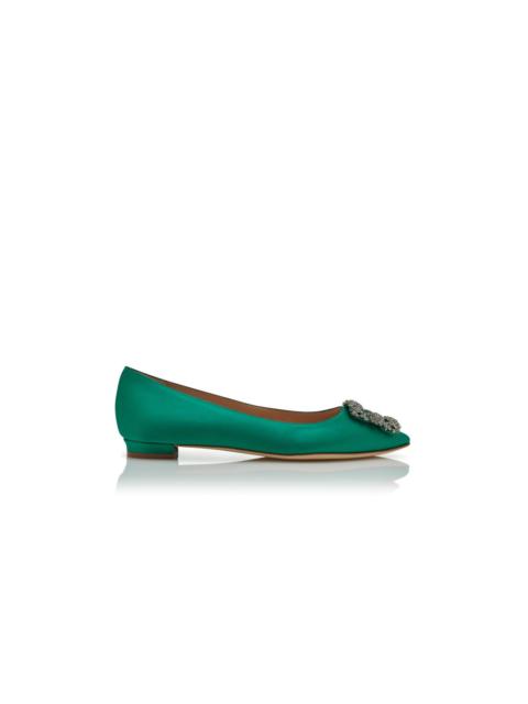 Green Satin Jewel Buckle Flat Shoes