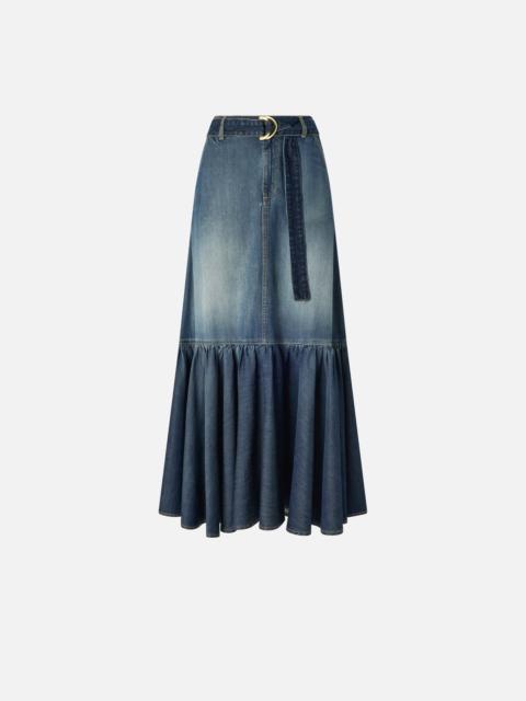 LONG DENIM SKIRT WITH FLOUNCE AND BELT