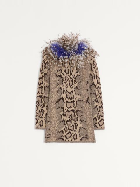 CASHMERE DRESS WITH ANIMAL PRINT AND FEATHERS