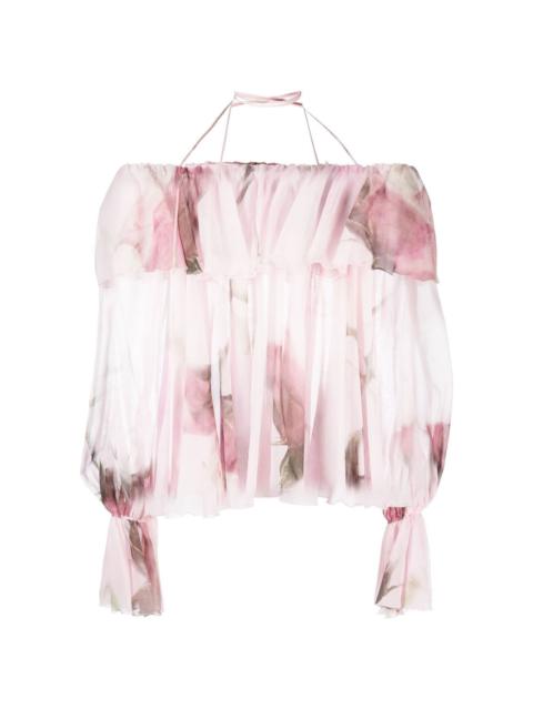 ruffled-trim floral-print blouse