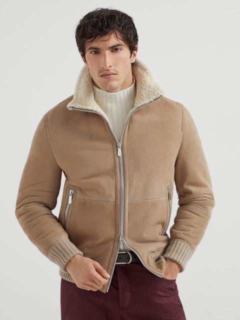 Suede curly shearling bomber jacket with cashmere knit collar