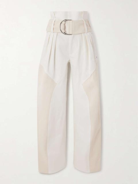 Belted pleated paneled two-tone cotton-poplin wide-leg pants Off-white