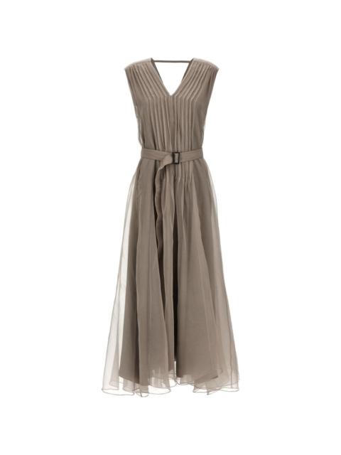 pleated V-neck silk maxi dress