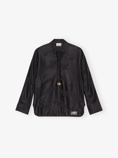 BLACK SATIN JACQUARD TIE STRING SHIRT