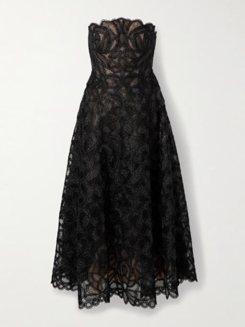 Elvina Strapless Metallic Guipure Lace Maxi Dress