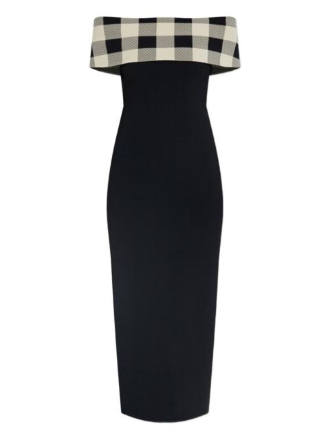 off-shoulder checked dress