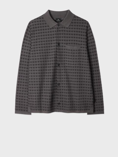 Grey 'Geo Tile' Knitted Cotton Collared Cardigan