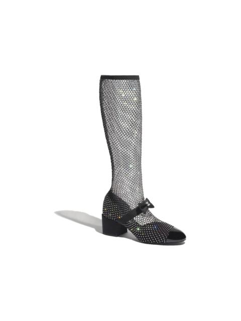 Chanel Resille 55mm Knee High Mary Janes Black Crystal Patent Calfskin