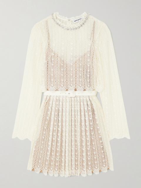 Belted Crystal-embellished Pleated Lace Mini Dress