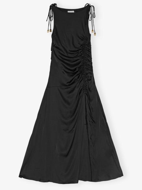 BLACK SATIN GATHERED DRESS