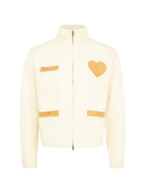 zip-up heart-patch cardigan