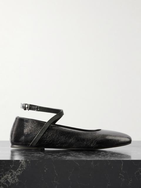 Bead-embellished Metallic Textured-leather Ballet Flats