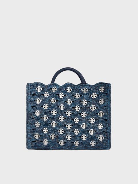 DENIM BLUE TOTE BAG IN RAFFIA