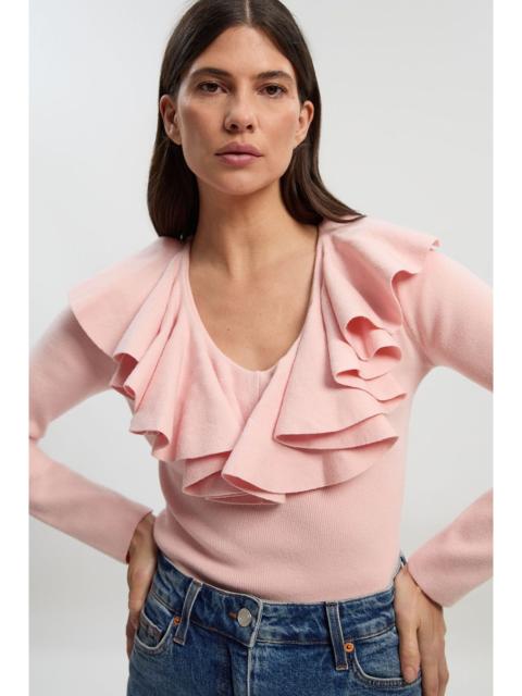 Compact Wool Look Ruffle V Neck Knit Top
