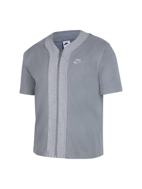 Men's Nike French Terry Loose Logo Splicing Sports Cardigan Short Sleeve Gray T-Shirt DM6900-073