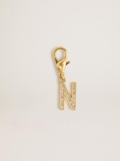Letter N charm in gold-colored brass with crystals