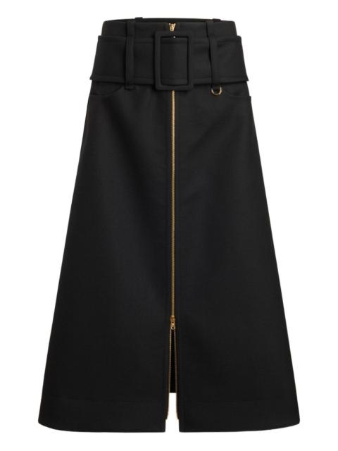 zip-front belted midi skirt
