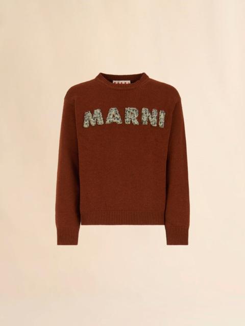 BROWN WOOL SWEATER WITH LASER-CUT MARNI LOGO