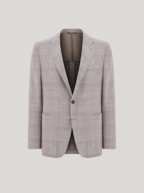 BEIGE AND LILAC WOOL, SILK AND LINEN MODERN-FIT JACKET WITH OVERCHECK PATTERN