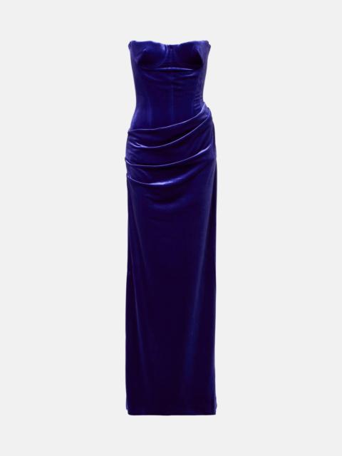 Draped velvet bustier gown