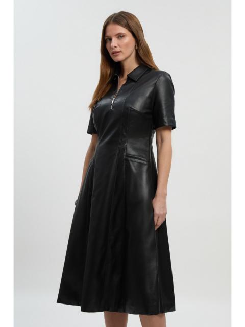 Faux Leather Collared Midi Shirt Dress