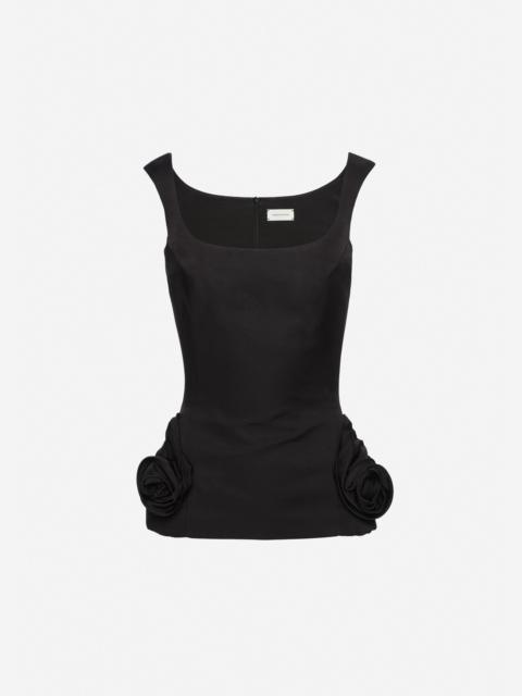 Floral-appliqué cotton and silk top in black