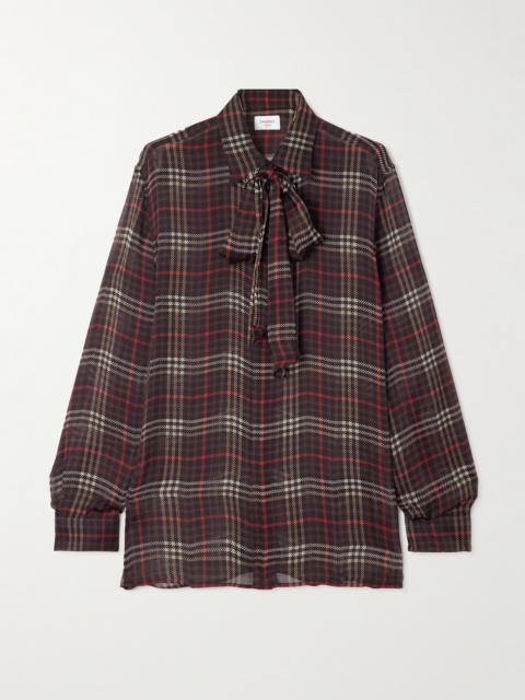 Pussy-bow Checked Silk-chiffon Shirt
