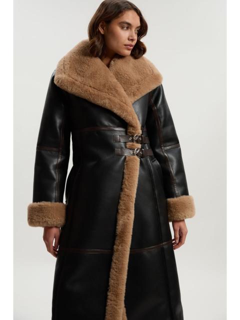 Faux Shearling Oversize Collar Buckle Midi Coat