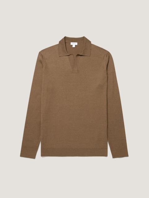 Long Sleeve Fine Rib Silk Cotton Polo Shirt