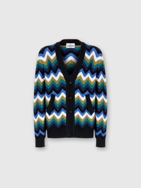 Chevron knit cardigan with pockets and contrasting piping