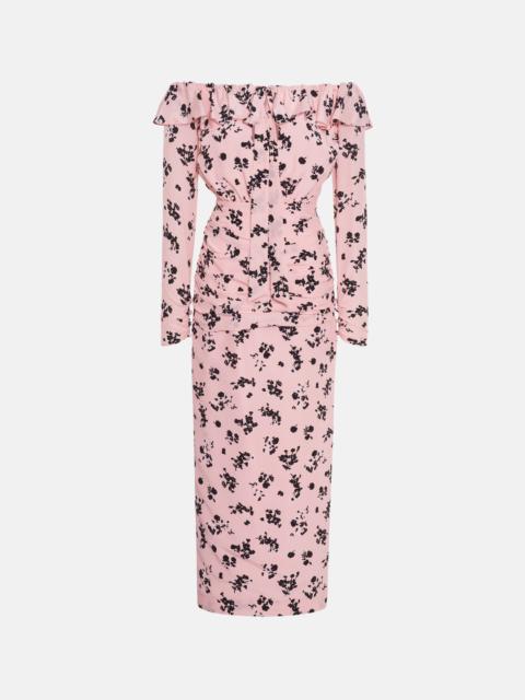 ROSE PRINT SILK OFF THE SHOULDER DRESS