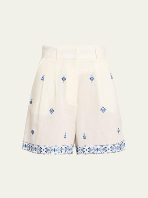 Beatrice Astragal Embroidered Linen Shorts