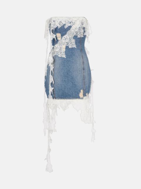 Lace-trimmed denim minidress