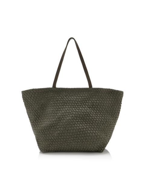 Exclusive Large Woven Leather Trapeze Tote Bag grey