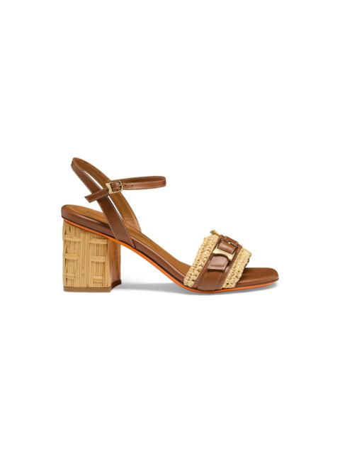 Women's light brown leather and raffia mid-heel sandal