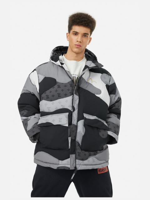 Quilted Camouflage Panels and Allover Logo Print Loose Fit Down Jacket