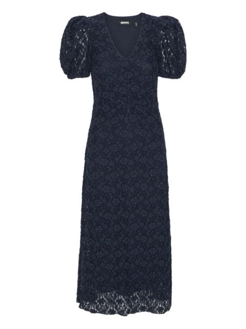puff-sleeve lace midi dress