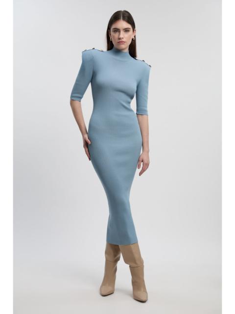 Viscose Blend Rib Knit Power Shoulder Military Trim Maxi Dress