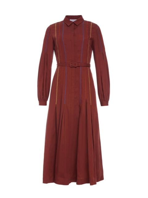 Aleka Pleated Midi Shirtdress in Burnt Sienna Multi Aloe Linen