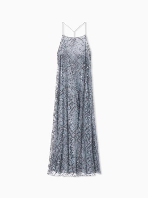 LONG TULLE DRESS WITH ALL-OVER MICRO-SEQUIN AND JET EMBROIDERY