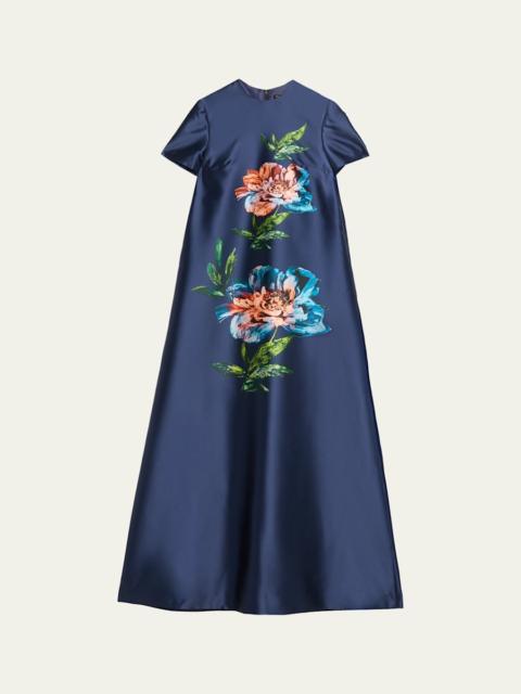 Floral-Print Satin Faille Long Kaftan Gown