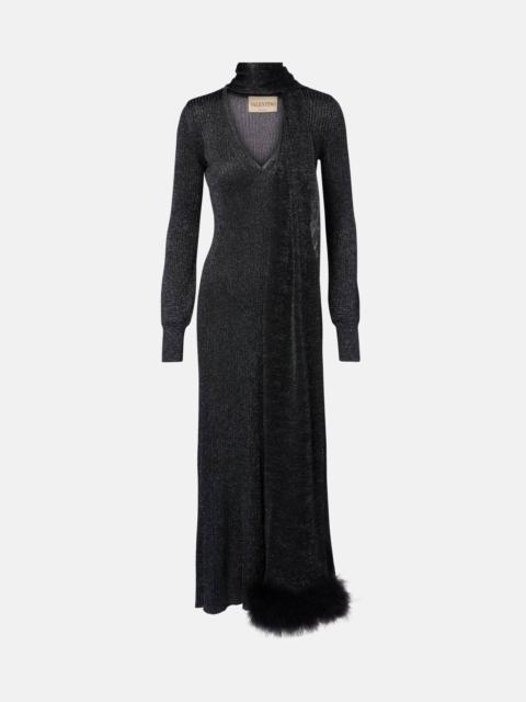 Feather-trimmed lamé maxi dress