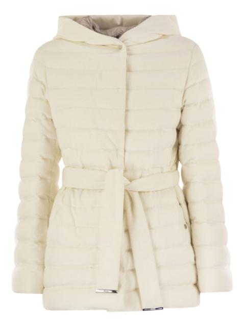 belted hooded puffer jacket
