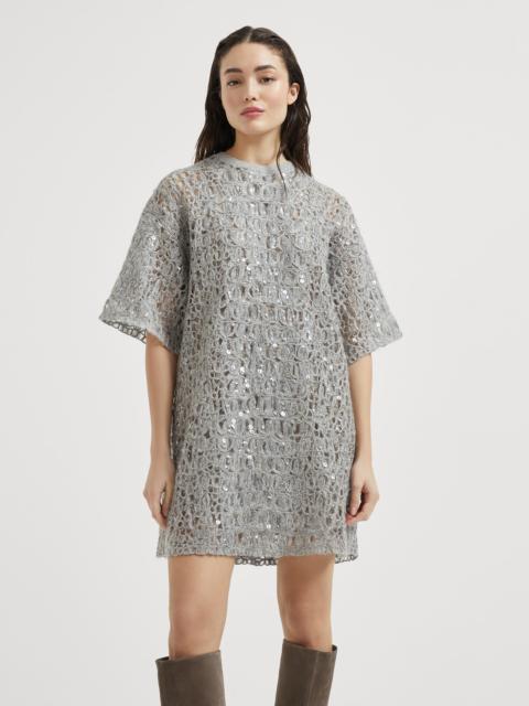 Dazzling croc embroidery mini knit T-shirt dress in mohair, silk and linen