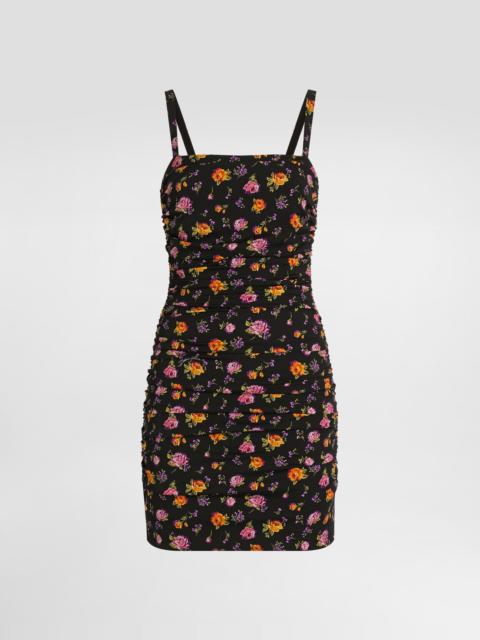 Small rose bouquets-print draped charmeuse dress