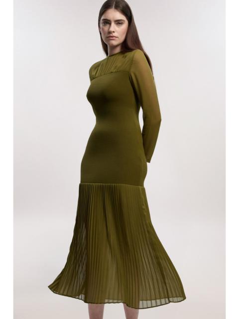 Woven Knit Mix Pleated Midi Dress