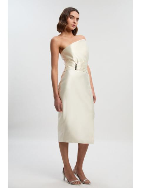 Satin Twill Trim Detail Structured Asymmetric Neck Tailored Midi Dress