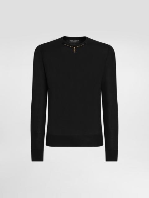 Round-neck cashmere sweater with bejeweled detailing